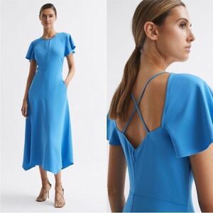 Reiss NWT ELENI CAP SLEEVE MIDI DRESS Blue Size 4